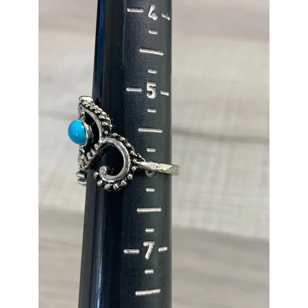 Boho Silver Tone Turquoise Cabochon Scrollwork Statement Ring Size 6.5